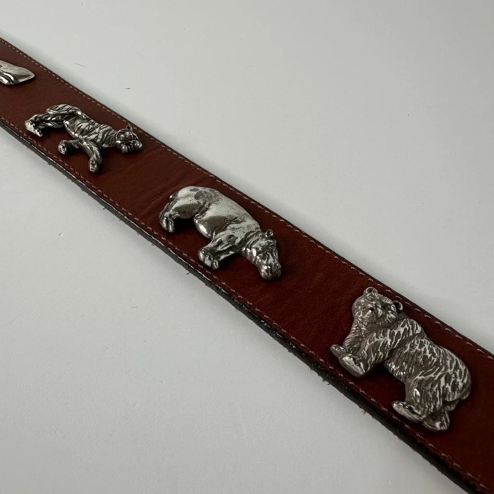 Honest Brighton Brown Leather Belt Silver Tone 3D Animals Safari Vtg 90s Sz 30
